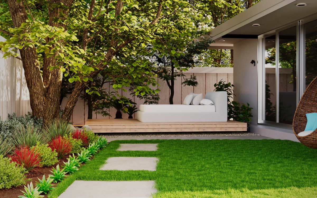 3D landscape design render of a Tucson backyard with turf, paver walkway and planting beds