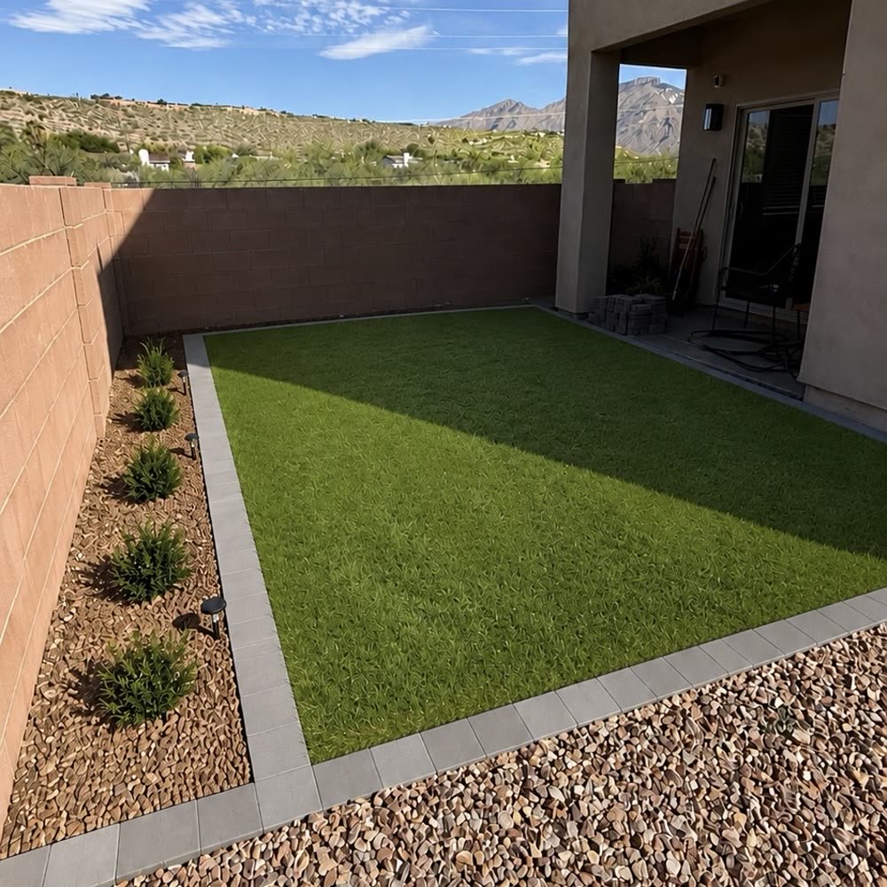 Artificial turf lawn with gray paver border and landscape lighting in Tucson